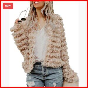 Faux Fur Open Front Cardigan Vintage Parka Shaggy Jacket Coat